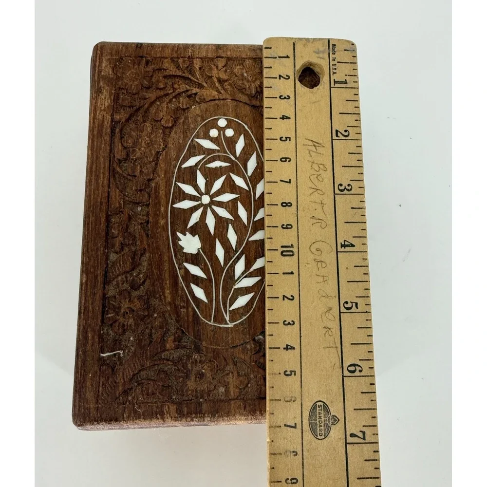 Vintage Sheesham Wood Jewelry Box Floral Carved Inlay‎ India 6.5x4.75x2.75 BoHo